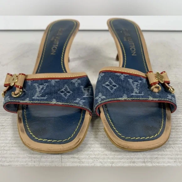 Louis Vuitton Blue Monogram Denim Kitten Heels Mules Slides SZ EU38 US8 - Picture 2 of 8